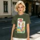 Olive graphic tee with Laser Cats retro comic print of kids holding laser cats