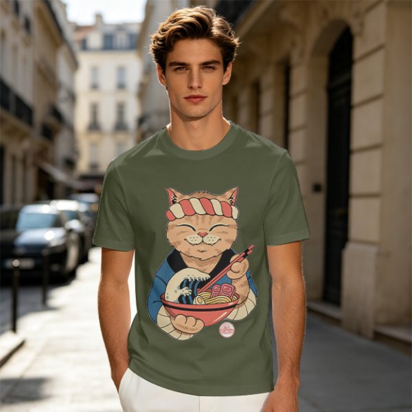 Olive T-Shirt with Japanese Ramen Chef Cat Graphic