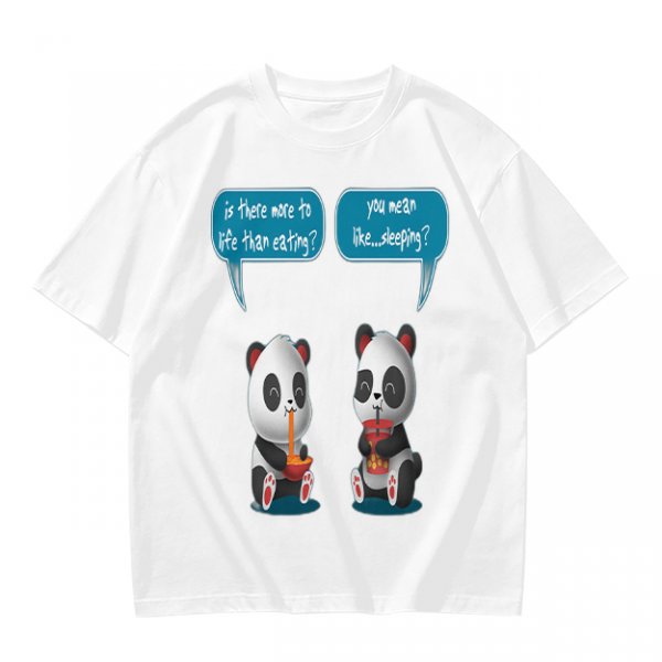 Olive t-shirt with pandas discussing life beyond eating and sleeping