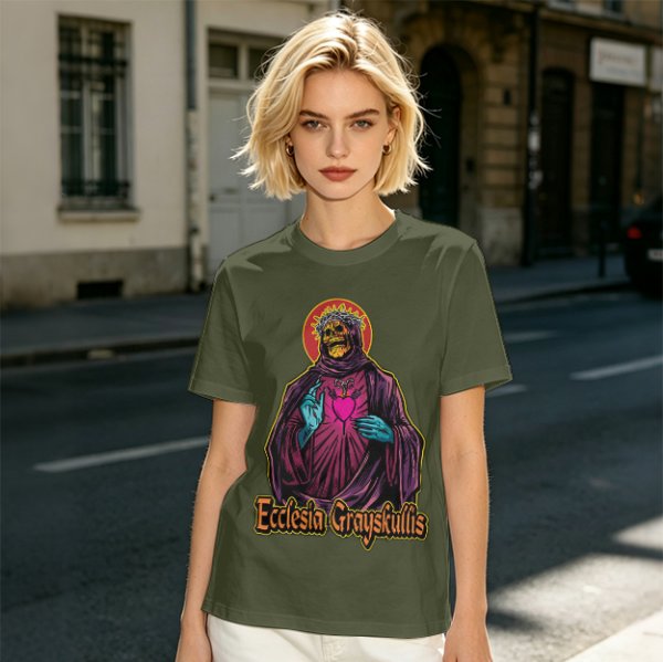Olive t-shirt with skeleton religious graphic and Ecclesia Grayskullis text