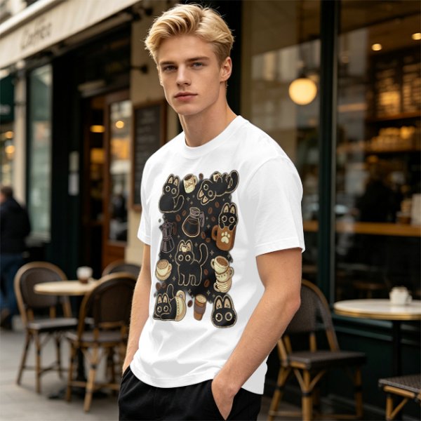 Olive T-Shirt With Cute Black Cats And Coffee Themed Print