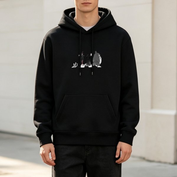 Black hoodie with stylized character graphic print