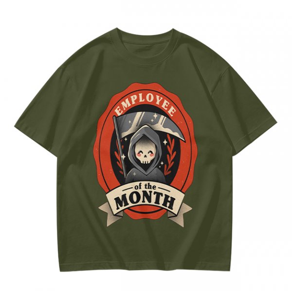 Olive T-Shirt with Cute Grim Reaper Employee of the Month Print