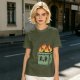 Olive green t-shirt with a cartoon burning box graphic