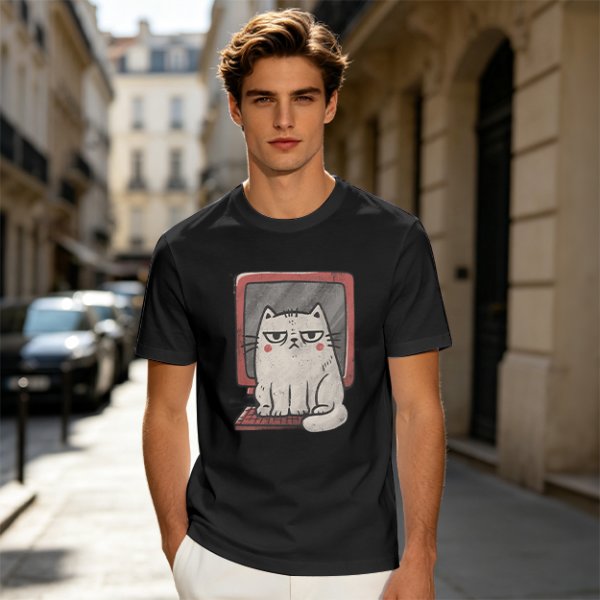 Olive T-shirt with Grumpy Cat on Retro Computer Print