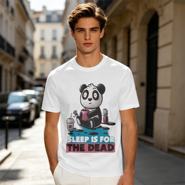 Olive t-shirt with panda drinking coffee and 'Sleep is for the dead' text