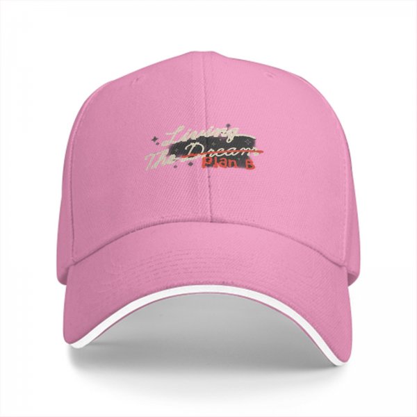 Black baseball cap with 'Living The Dream Plan B' graphic print