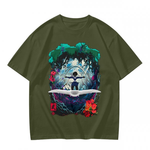 Olive T-shirt with fantasy forest glider rider graphic print
