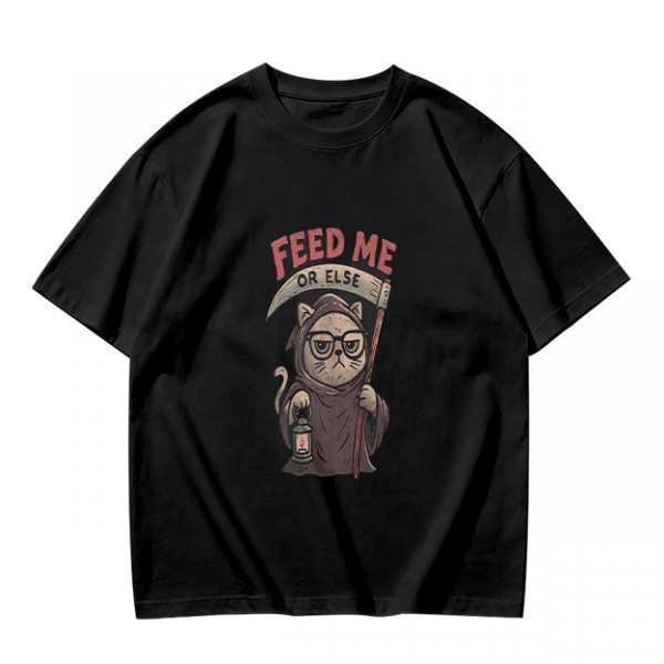 Olive T-shirt with Grim Reaper Cat 'Feed Me Or Else' Print