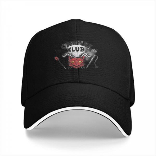 Black baseball cap with devil cat Campfire Club graphic
