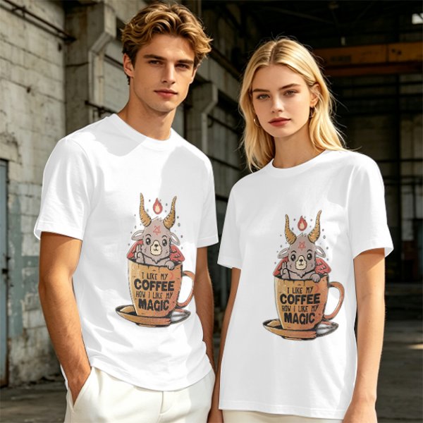 Olive t-shirt with cute Baphomet coffee magic print