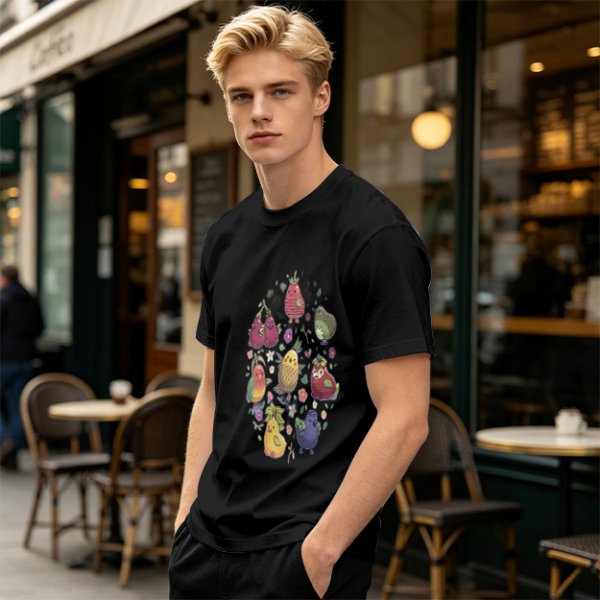 Olive Green T-Shirt With Whimsical Fruit Bird Graphic Print