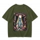Olive T-Shirt with UFO Abducting Cat Over Burning City