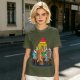 Olive green t-shirt with cartoon dogs playing poker under a hanging lamp
