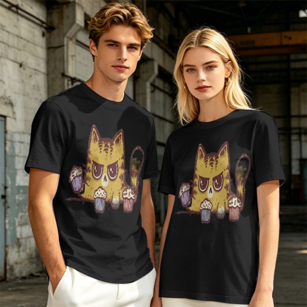 Olive T-Shirt With Angry Cat Holding Cupcakes Graphic Print