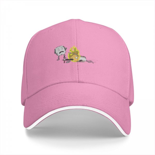 Black baseball cap with cartoon burning character and worried companion graphic