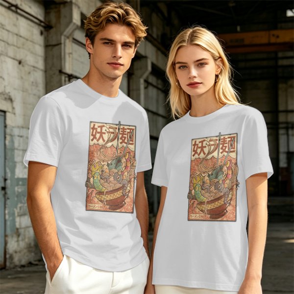 Olive T-shirt with Vintage Yokai Ramen Bowl Graphic Print