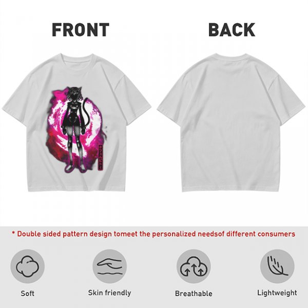 Olive anime cat character graphic t-shirt with pink abstract background
