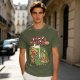 Olive green pizza graphic t-shirt with playful pizza slice characters