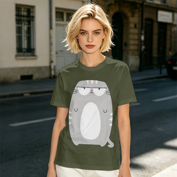 Olive Green T-Shirt With Grumpy Chubby Gray Cat Graphic