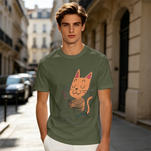 Olive T-Shirt with Cartoon Cat at Grave Print
