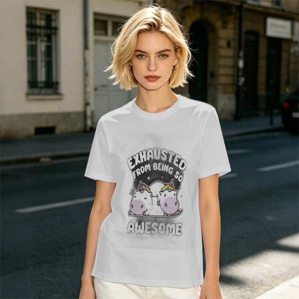 Olive t-shirt with exhausted unicorn hippo graphic and funny text