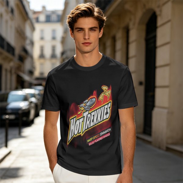 Olive green graphic t-shirt with Hot Trekkies Star Trek themed print