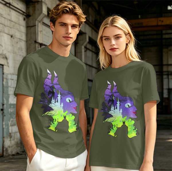 Olive green t-shirt with Maleficent fantasy silhouette graphic