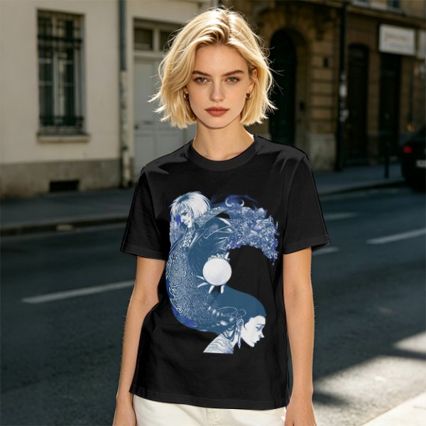 Olive T-Shirt With Two Facing Fantasy Figures And Orb Art Print