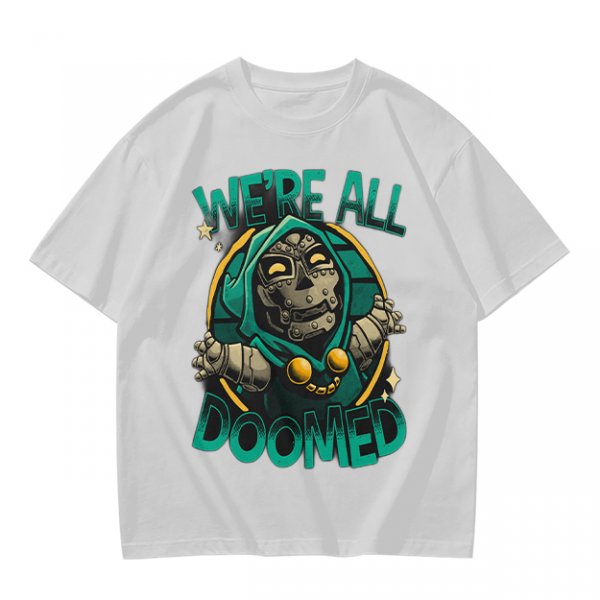 Olive T-Shirt Featuring 'We're All Doomed' and Doom Character Art