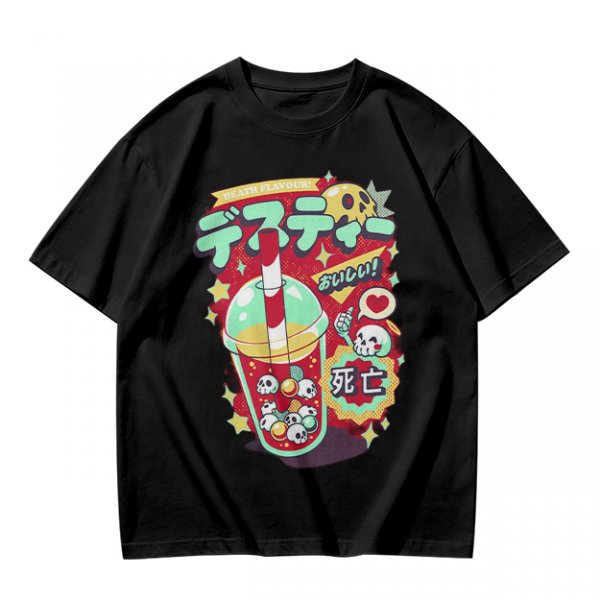 Olive t-shirt with spooky skull bubble tea graphic and Japanese text