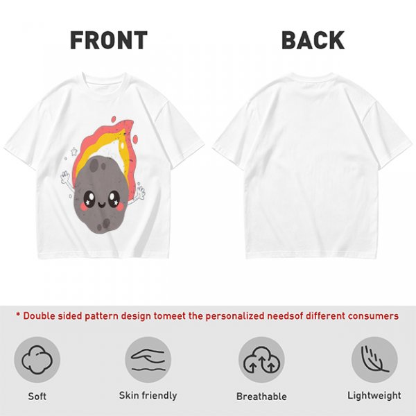 Olive green t-shirt with cute cartoon flaming asteroid graphic