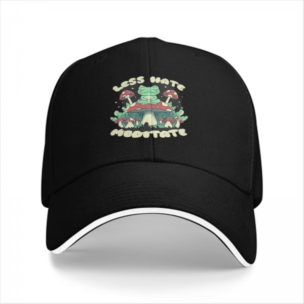Black baseball cap with meditating frog and 'Less Hate Meditate' mushroom design