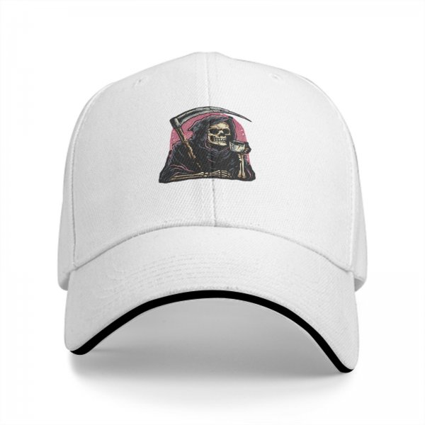 Black Baseball Cap With Grim Reaper Holding Scythe And Drink Graphic