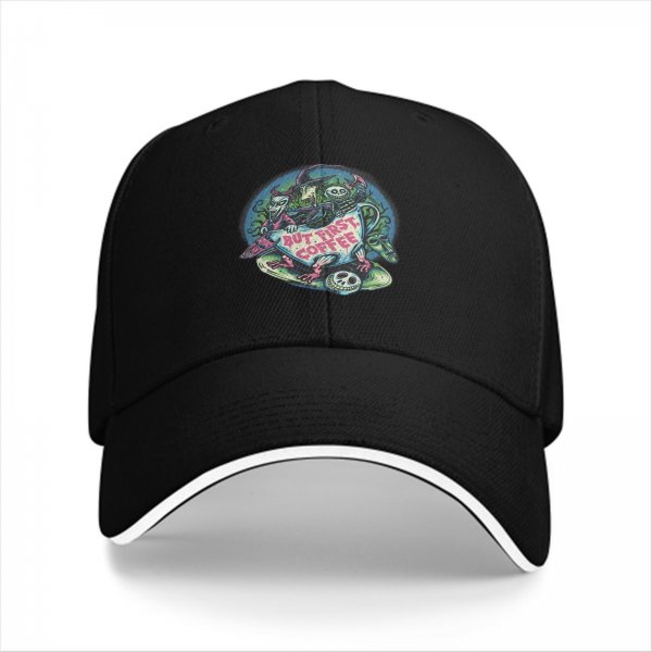 Black Baseball Cap With 'But First Coffee' Halloween Themed Print