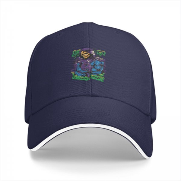 Black Baseball Cap With Skeletor Graphic Print For Fans