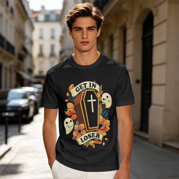 Olive Halloween T-Shirt with Get In Loser Coffin Ghost Floral Art