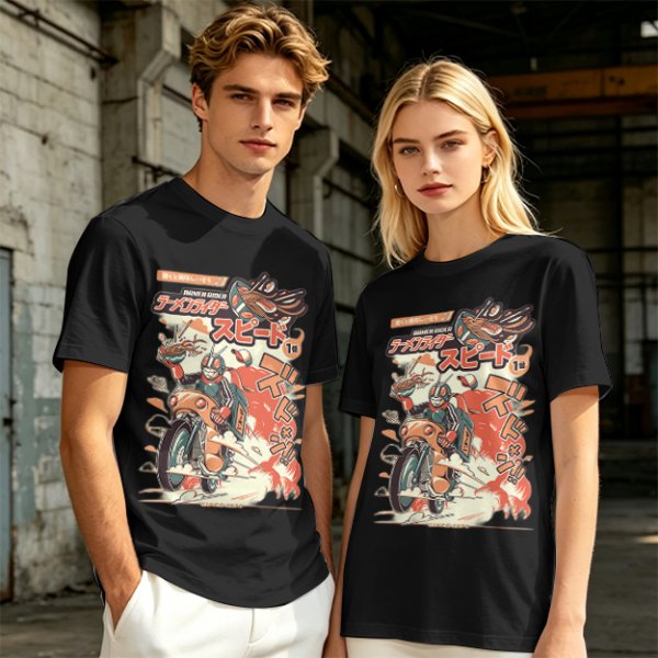 Olive green graphic tee with retro masked rider ramen motorcycle art