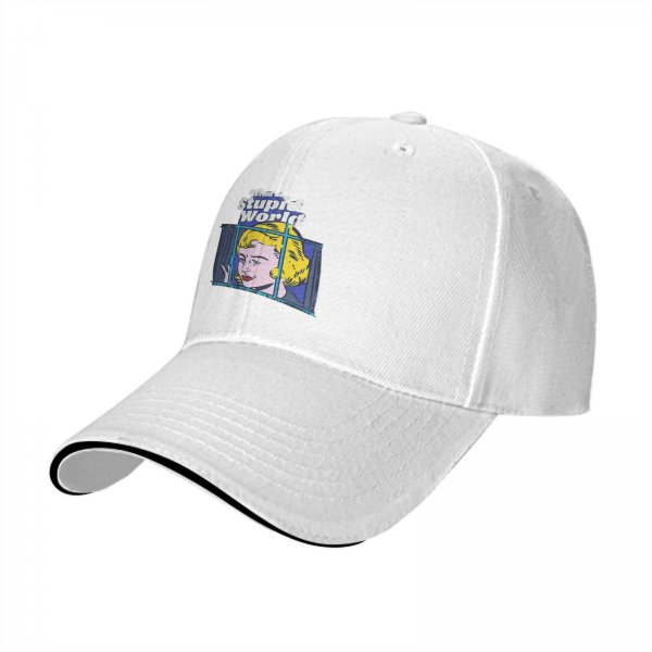 Black Baseball Cap With 'What a Stupid World' Retro Pop Art Print