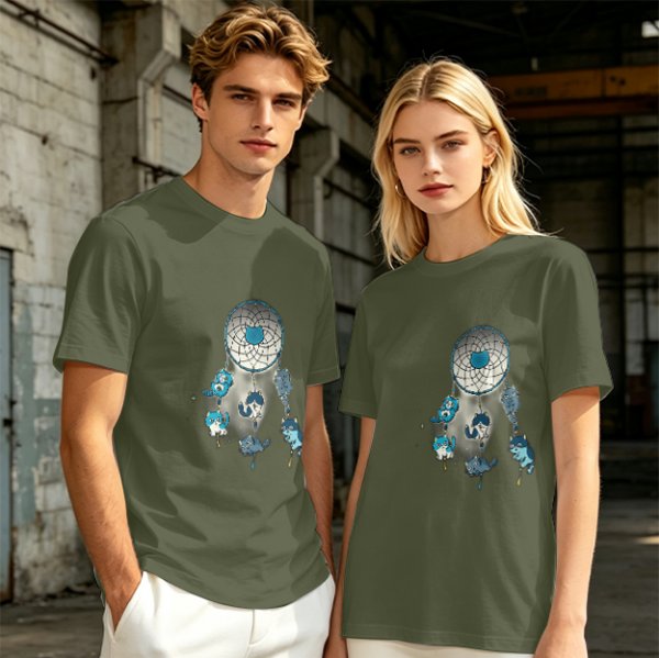 Olive T-Shirt With Dreamcatcher And Cute Cat Kittens Print