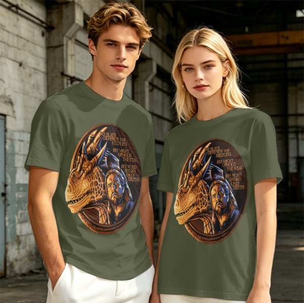 Olive T-Shirt With Dragon And Warrior Fantasy Art Print