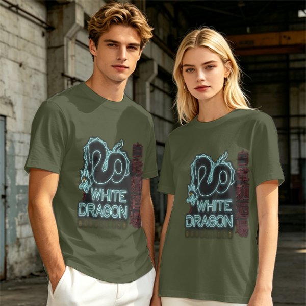 Olive T-Shirt With Neon White Dragon Graphic Print