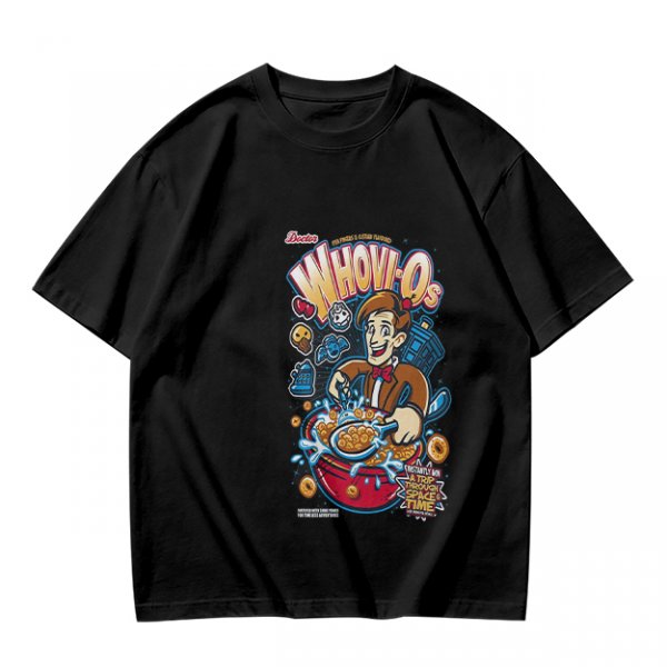 Olive t-shirt with Doctor Who themed Whov-Os cereal print