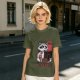 Olive graphic t-shirt with a tired raccoon office worker and 'I Just Work Here' text