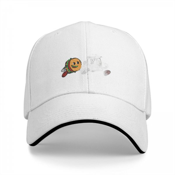 Black baseball cap with a cartoon flying burger graphic