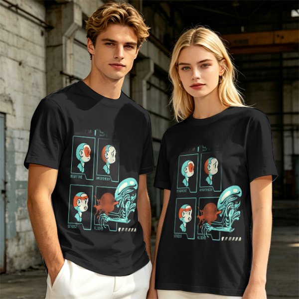 Olive Graphic Tee With Alien Stress Headache Themed Art