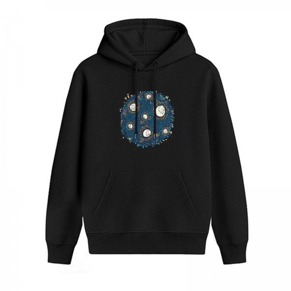 Black Hoodie With Blue Celestial Cratered Planet Graphic