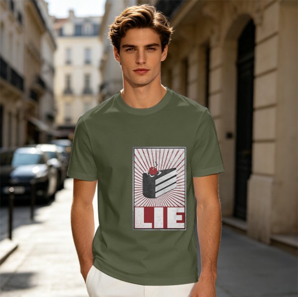Olive Graphic T-Shirt With Cake Slice And 'LIE' Print