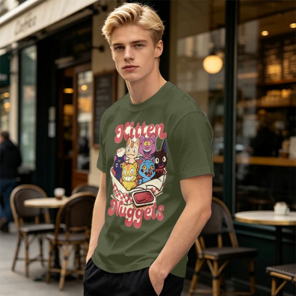 Olive graphic t-shirt with kitten nuggets print