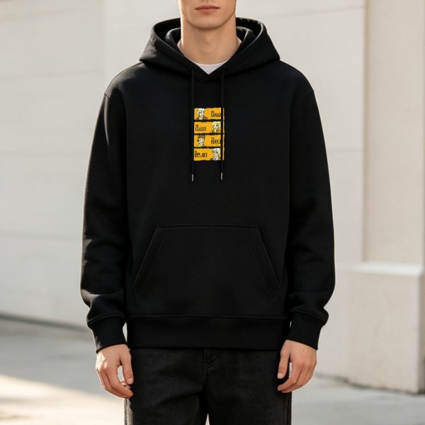 Black hoodie with yellow graphic print of stylized character panels